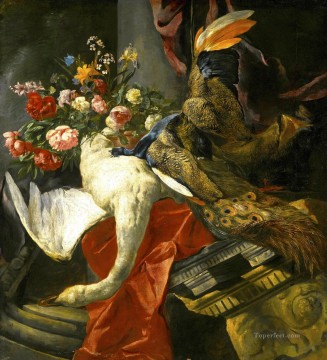 動物 Painting - 死んだ白鳥孔雀と花鳥